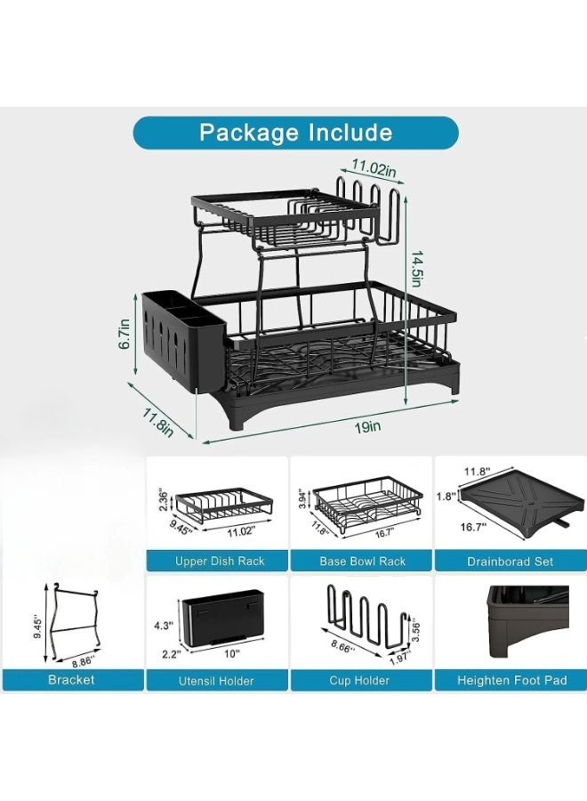 توشيونيكس رف تجفيف أطباق قابل للطي من طبقتين مع حامل أدوات وحامل أكواب وصينية تصريف T114725، نظام تصريف دوار، طلاء مقاوم للخدش، أسود - Image 2